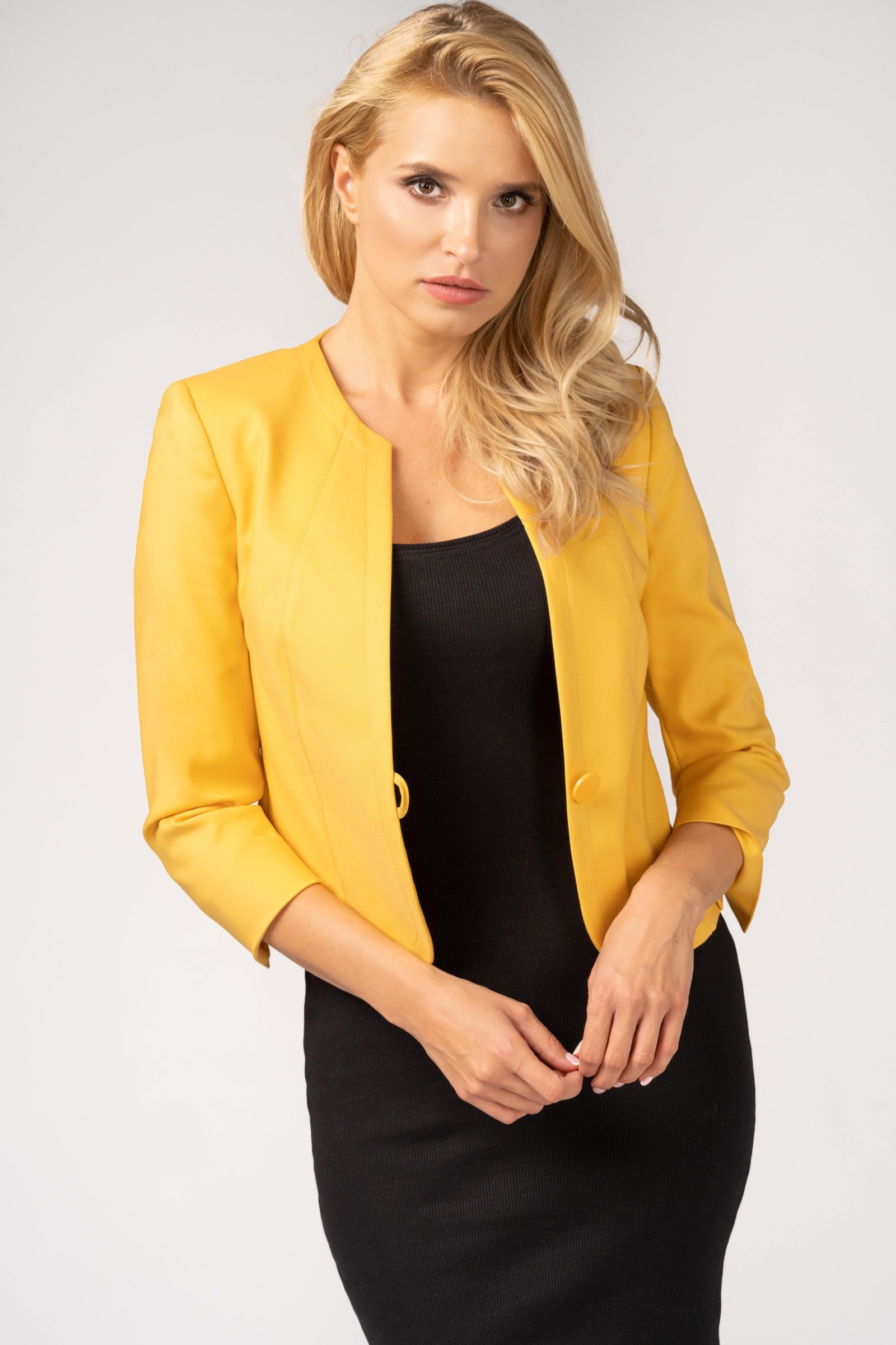 Klasyczny, elegancki żakiet typu channel m646 Szulist żółty