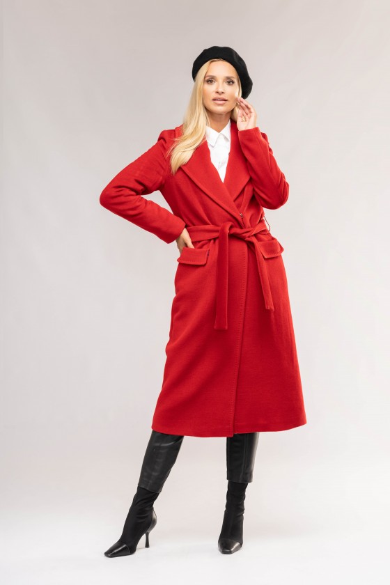 Długi wełniany płaszcz z kieszeniami m492 czerwony