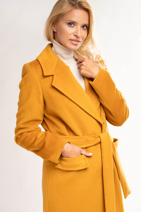 Długi wełniany płaszcz z kieszeniami m492 żółty