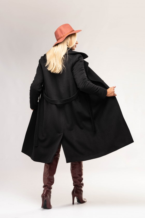 Długi wełniany płaszcz z paskiem m538 czarny
