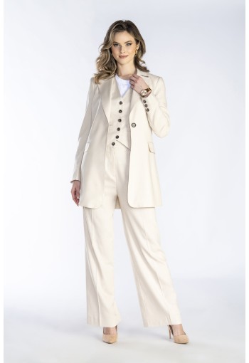 Klasyczne, ecru, eleganckie spodnie z prostą nogawką i zakładkami.