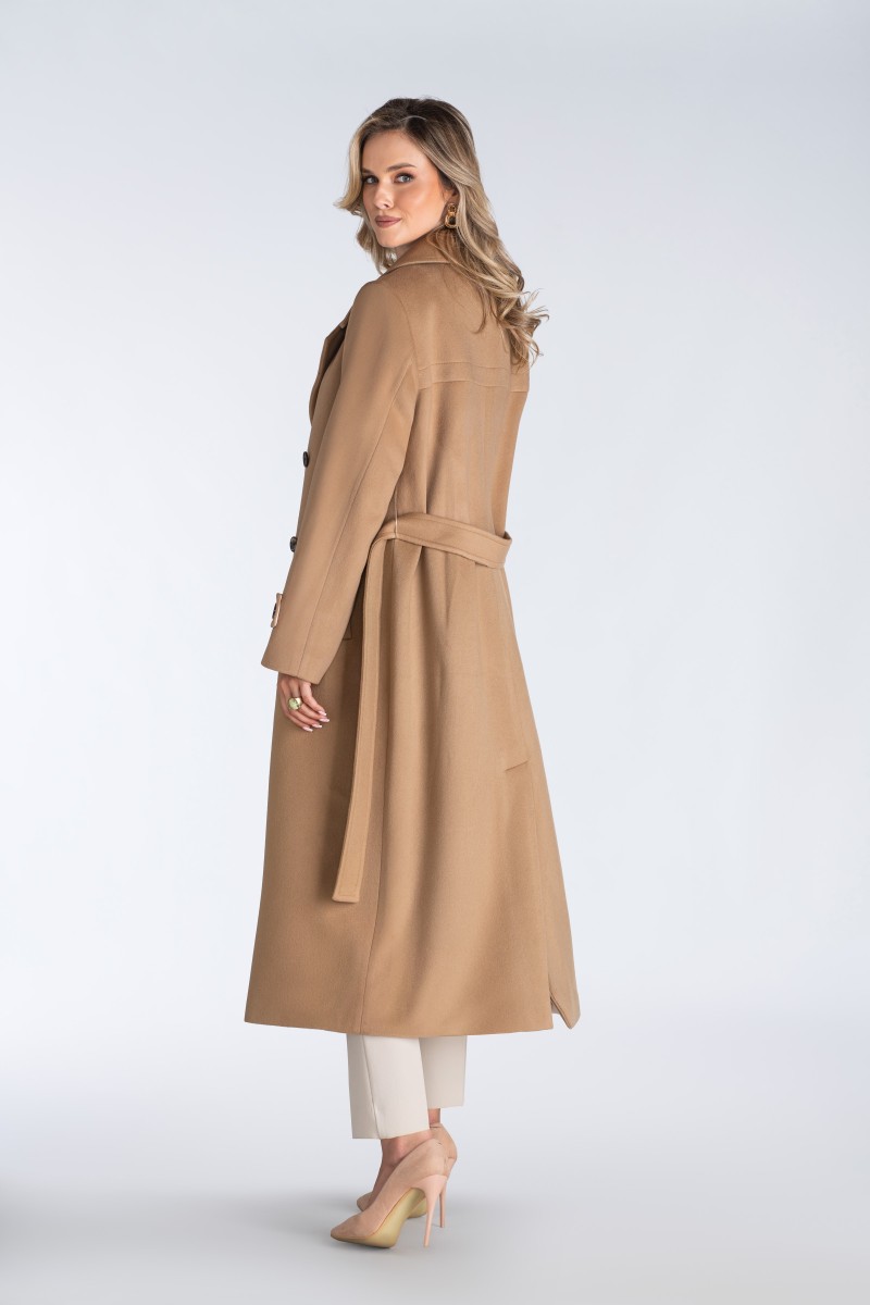 Elegancki płaszcz dwurzędowy z paskiem – idealny wybór na jesień i zimę dla kobiet ceniących klasykę i wygodę.