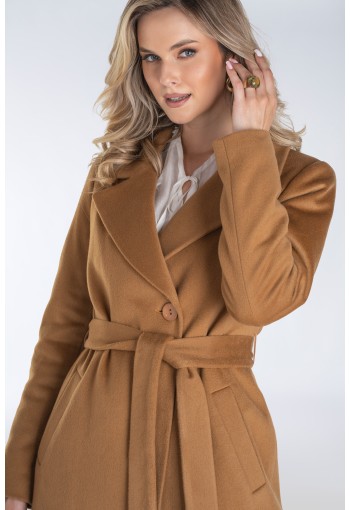 Jednorzędowy płaszcz damski z szerokimi klapami i krytym zapięciem – minimalistyczny, elegancki i doskonały do wielu stylizacji.