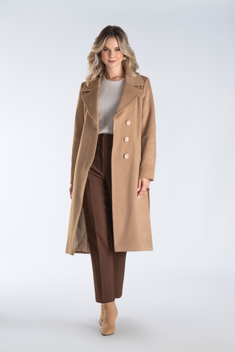 Jednorzędowy płaszcz damski z szerokimi klapami i krytym zapięciem – minimalistyczny, elegancki i doskonały do wielu stylizacji.