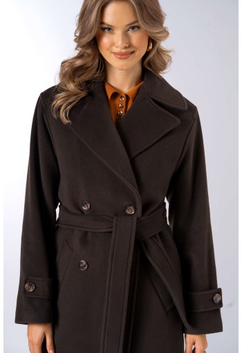 Długi, ciepły płaszcz, wiązany paskiem w talii z dużymi klapami 557 brązowy