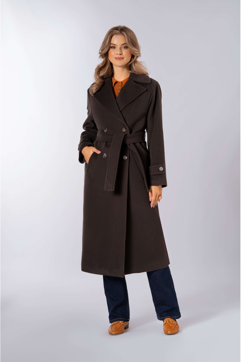 Długi, ciepły płaszcz, wiązany paskiem w talii z dużymi klapami 557 brązowy