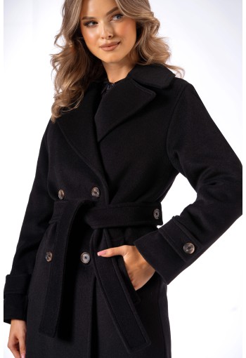 Długi, ciepły płaszcz, wiązany paskiem w talii z dużymi klapami 557 czarny