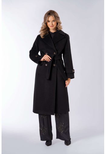 Długi, ciepły płaszcz, wiązany paskiem w talii z dużymi klapami 557 czarny