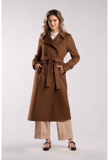 Długi płaszcz wełniany 100% z paskiem ciemny camel M583 | Szulist