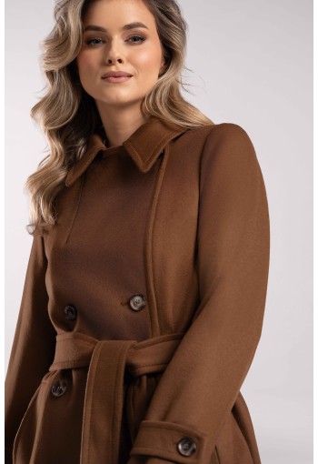 Długi płaszcz wełniany 100% z paskiem ciemny camel M583 | Szulist