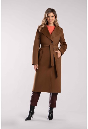 Jednorzędowy płaszcz wełniany z krytym zapięciem ciemny camel M577 | Szulist