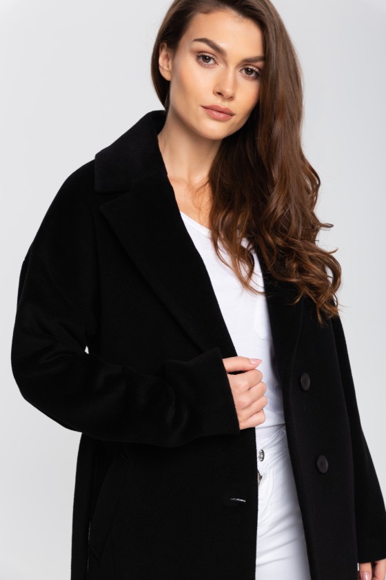 Wełniany płaszcz oversize z paskiem m507 czarny