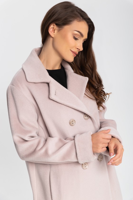 Wełniany płaszcz oversize zapinany pod szyję m428 beżowo różowy