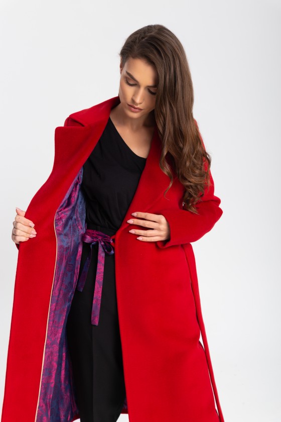 Wełniany klasyczny płaszcz z paskiem m433 czerwony